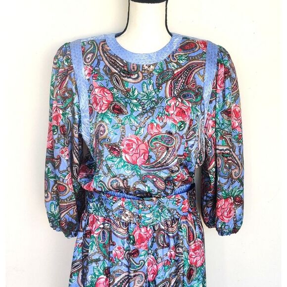 Diane Freis Vintage Blue Floral Dress With Belt Size Medium Large - Picture 2 of 11